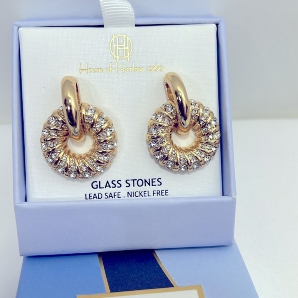 House of Harlow 1960 Gold Tone Glass Stone Textured Circular Drop Earrings NIB